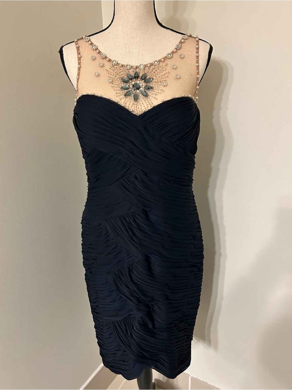 Cache Y2K Black Embellished Illusion Midi Cocktail Evening Dress SZ 10 - Picture 2 of 8
